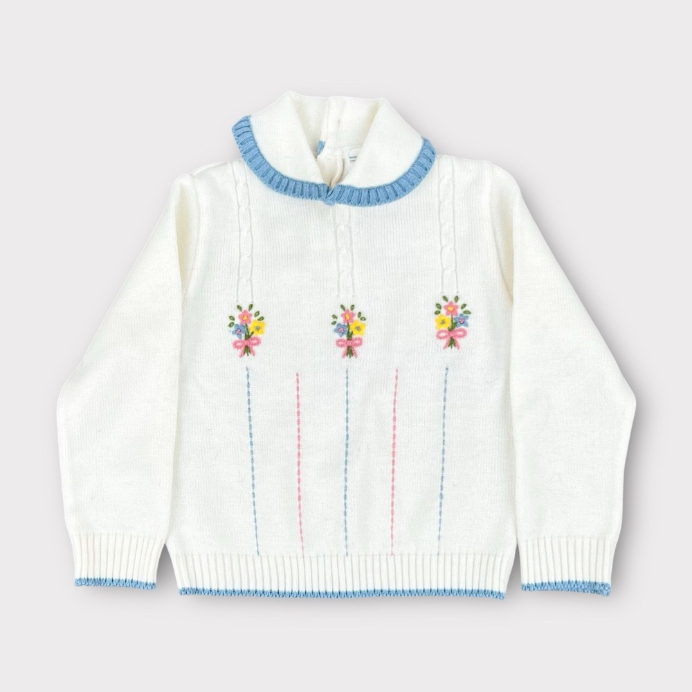 Vintage Toddler Sweater 4T JCPenney Floral Embroidered Knit White Blue Collar